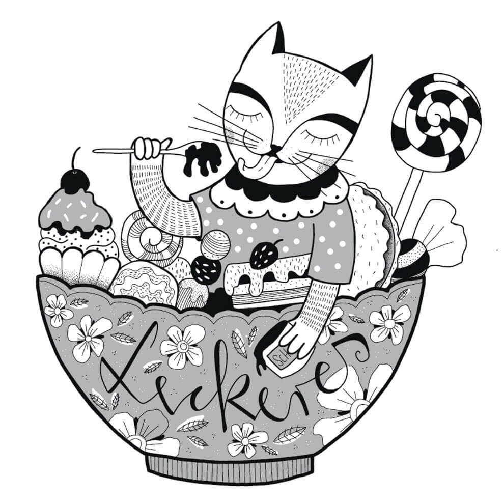 Schwarz-weiße Illustration einer Katze, die in einer großen Schale voller Süßigkeiten sitzt und genüsslich nascht. Auf der Schale steht „Leckeres“