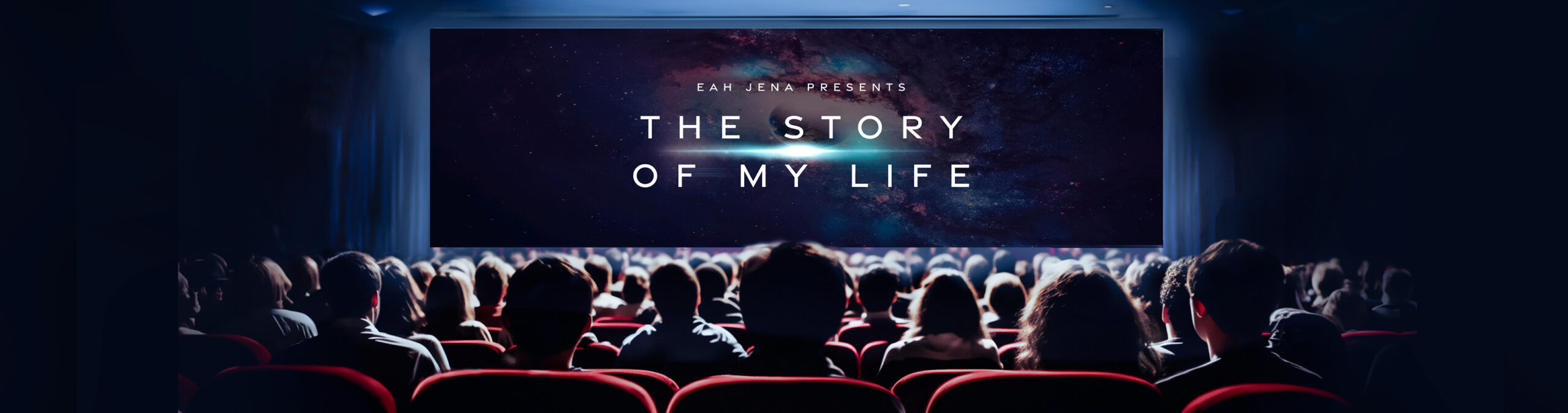 Kinosaal mit Publikum und Filmtitel „The Story of My Life“ vor Weltraumhintergrund