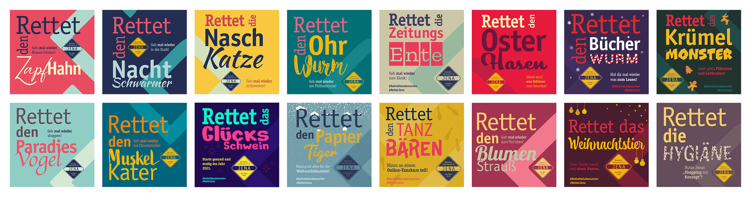Serie von Social-Media-Motiven der Kampagne „Rettet den …“ zur Innenstadtbelebung und Standortkommunikation in Jena