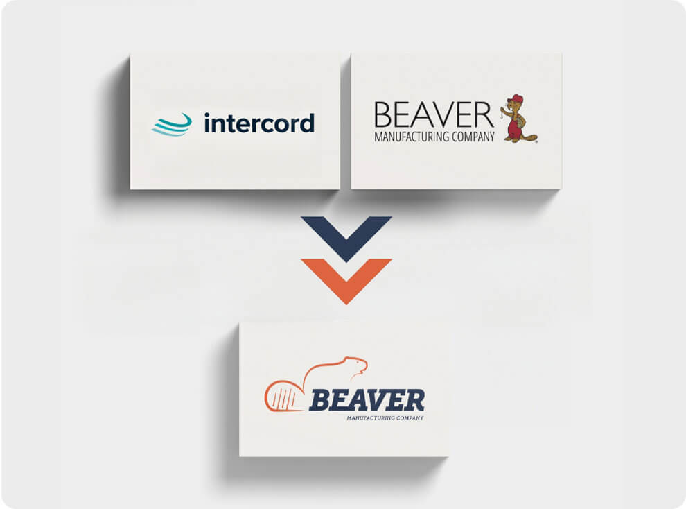 Visualisierung der Entwicklung und Zusammenführung der Unternehmenslogos von Intercord und Beaver Manufacturing Company zum neuen Markenauftritt von Beaver Manufacturing Company