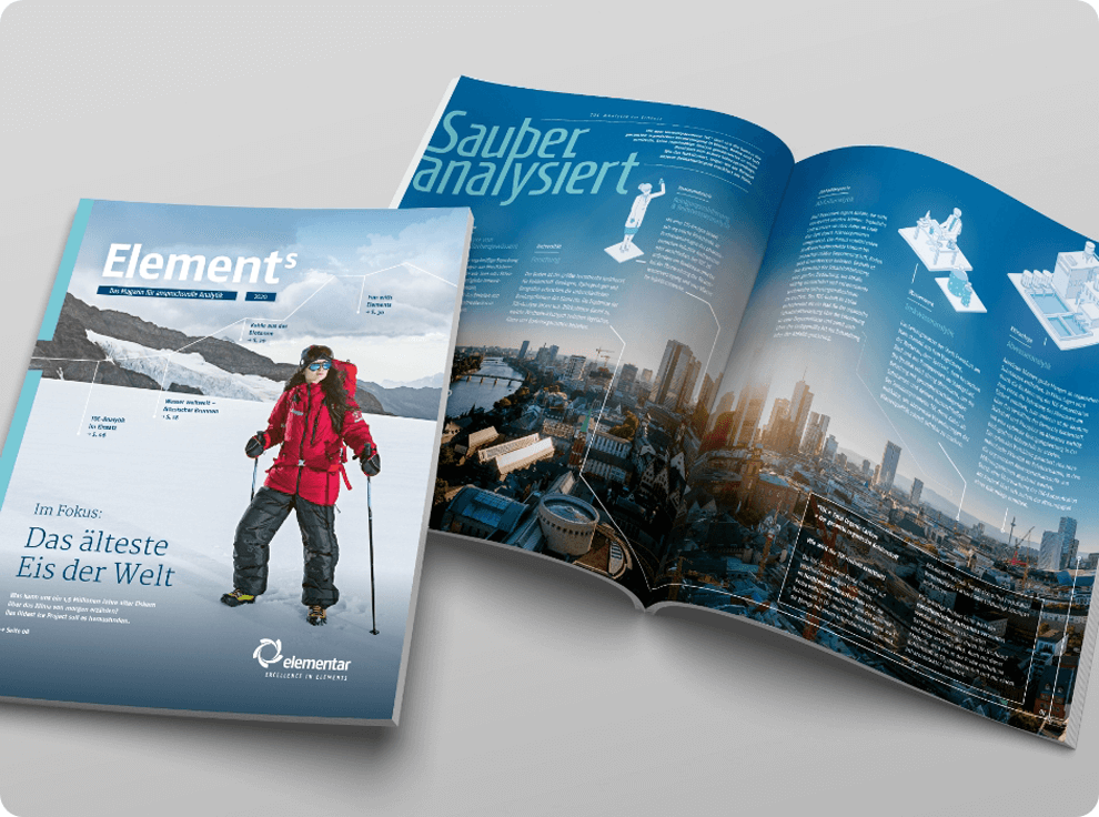 Magazin „Element’s“ von Elementar Analysensysteme mit Cover und aufgeschlagener Doppelseite zum Thema Analytik und Klimaforschung, kombiniert mit Berg- und Stadtmotiven