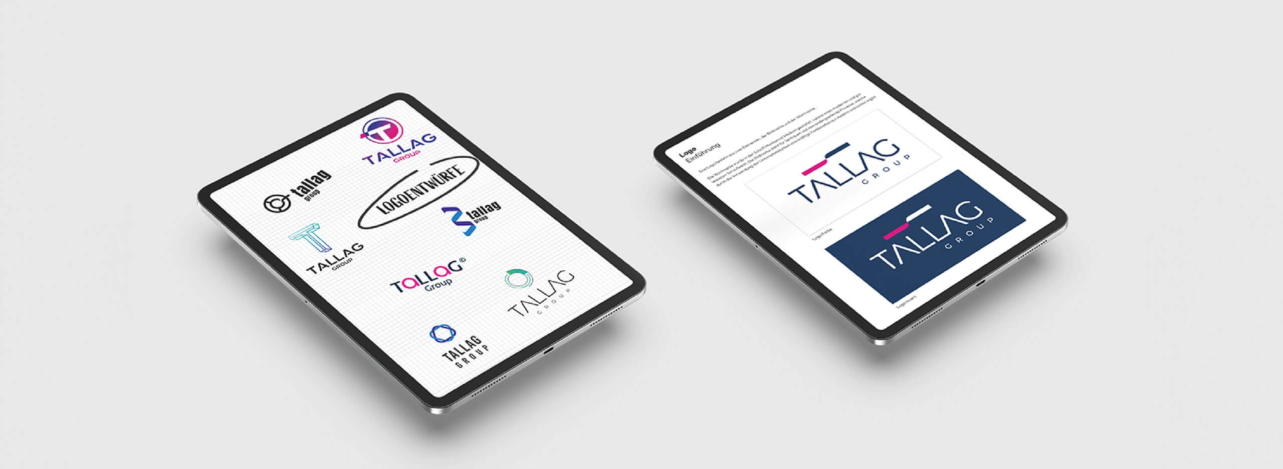 Visualisierung des Logoentwicklungsprozesses der TALLAG Group von ersten Entwürfen bis zur finalen Markenlösung auf digitalen Endgeräten