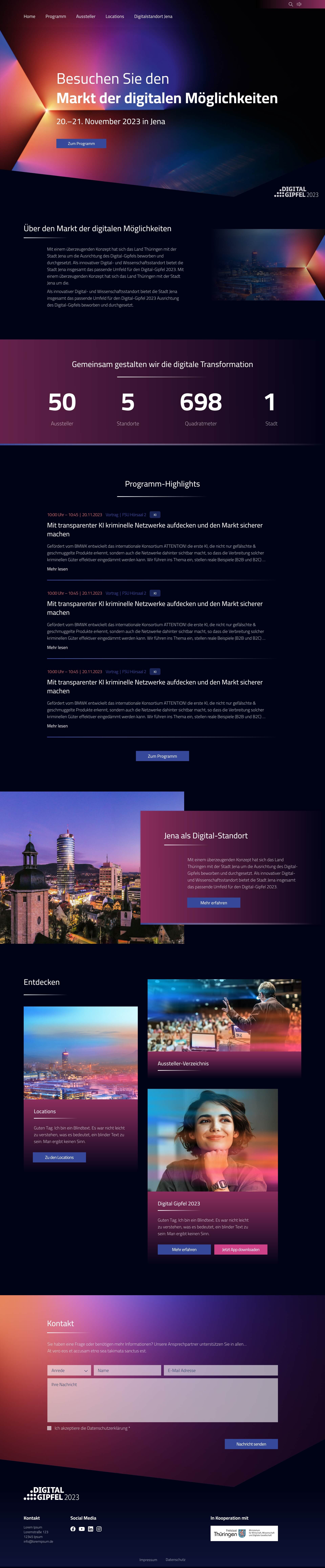 Website mit dunklem Farbverlauf in Blau und Pink für ein Event zum Thema digitale Möglichkeiten. Oben steht eine Headline mit Datum und Ort in Jena. Darunter folgen Abschnitte mit Infos, Zahlen, Programm, Standort, Bildern und einem Kontaktformular