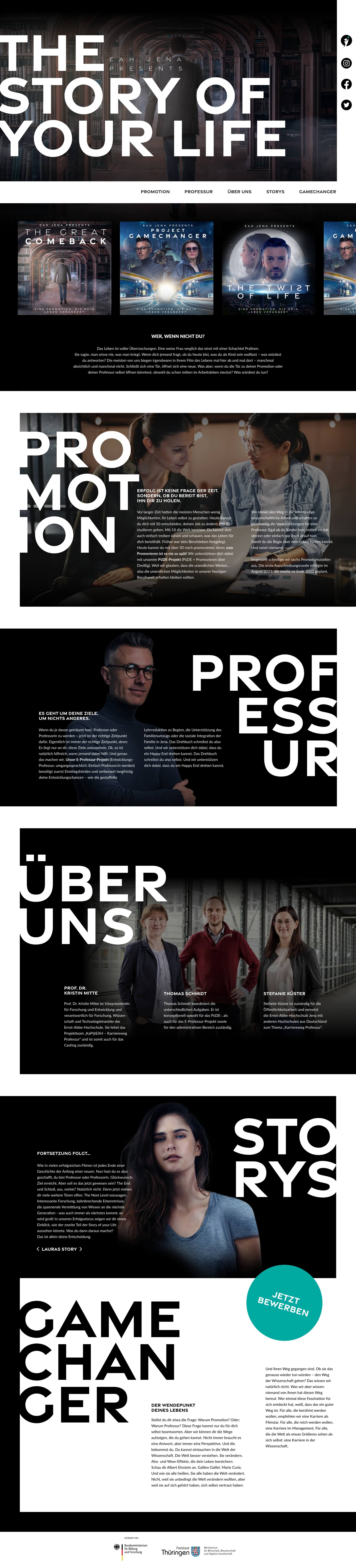 Website mit dunklem Design und großen typografischen Headlines wie „The Story of Your Life“, kombiniert mit Film-/Karrierethemen, Porträts und Informationssektionen zu Promotion, Professur und Bewerbung.