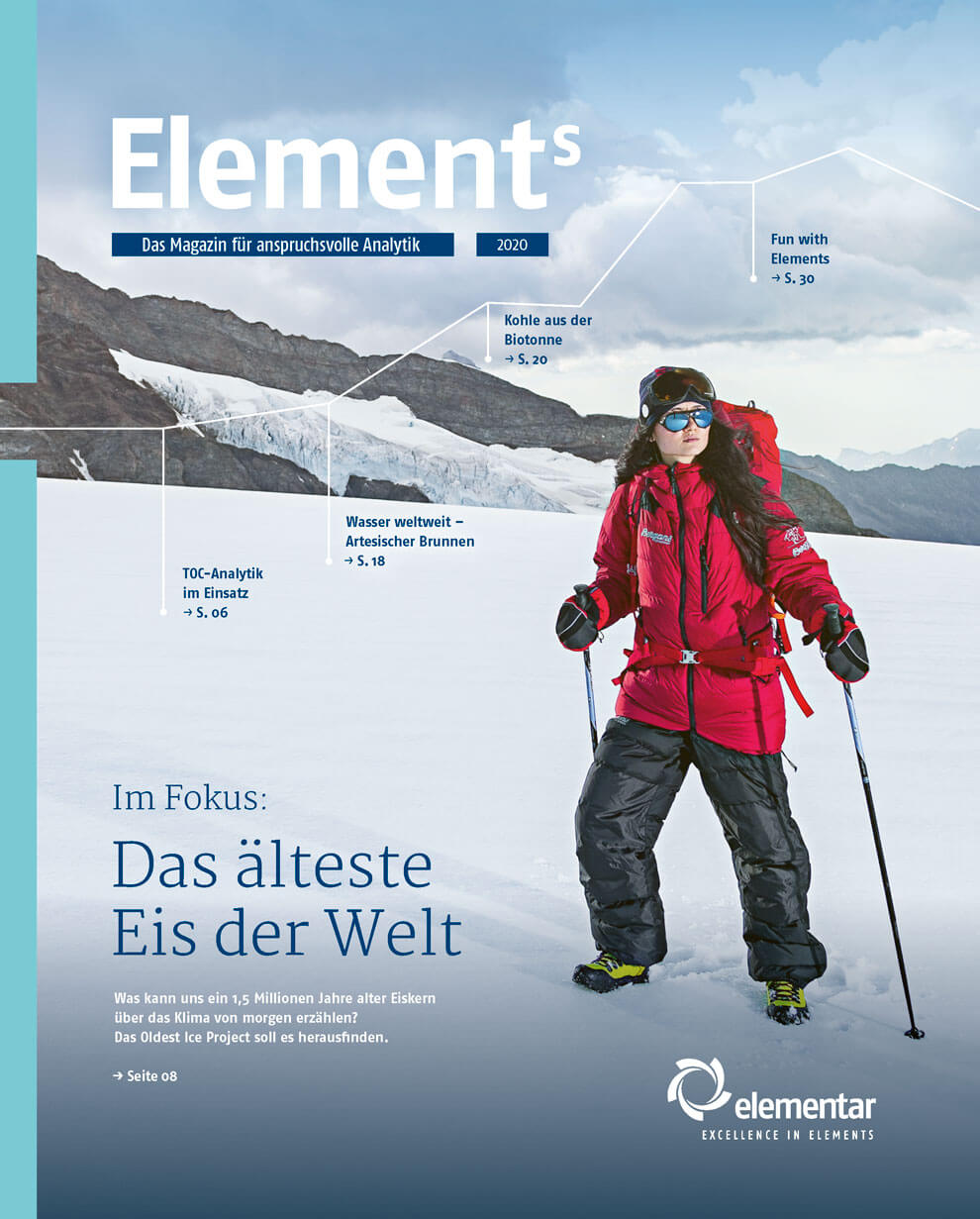 Magazintitel „Elements“ mit Berglandschaft und Forscherin im Schnee, Fokus auf ältestes Eis der Welt