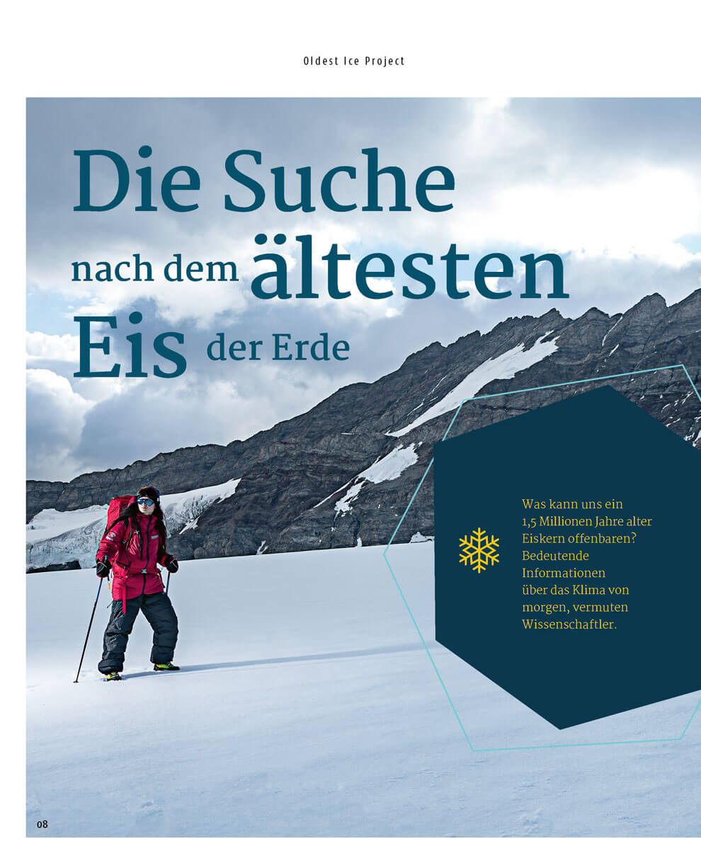 Magazinseite zum „Oldest Ice Project“ mit Berglandschaft und Forscherin im Schnee sowie Titel zur Suche nach dem ältesten Eis der Erde