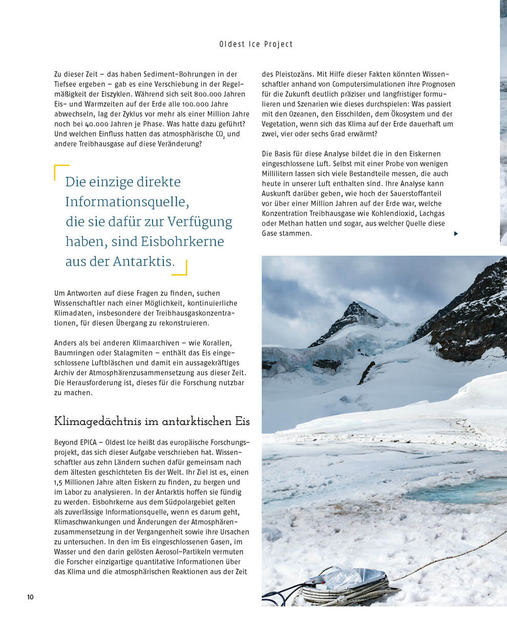 Magazinseite zum Klimaprojekt mit Text über Eisbohrkerne als Klimadatenquelle und Foto einer verschneiten Antarktislandschaft