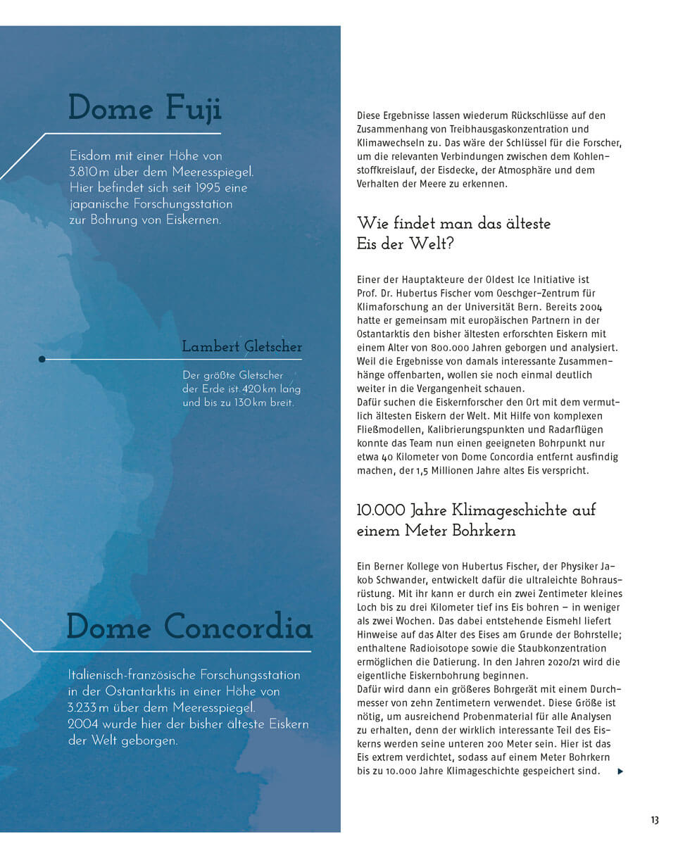 Magazin-Doppelseite zur Arktis: Infografik mit Karte und markierten Orten sowie ergänzenden Texten zur Eisforschung und zur Suche nach den ältesten Eisproben und ihrer Bedeutung für die Klimageschichte