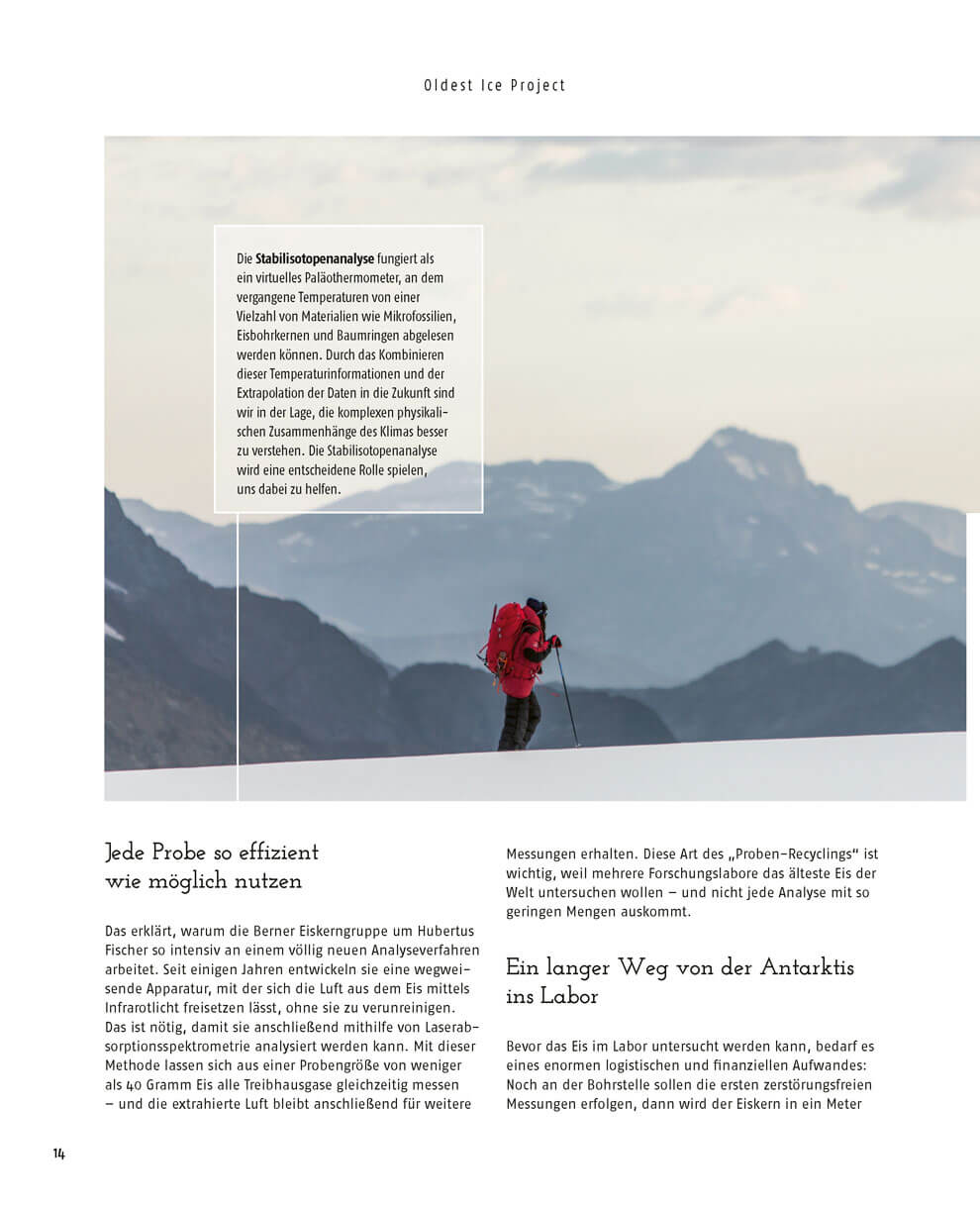 Magazin-Doppelseite zur Klimaforschung: Landschaftsbild mit Forscher im Schnee und begleitenden Texten zur Analyse von Eisproben und deren Bedeutung für das Verständnis des Klimas