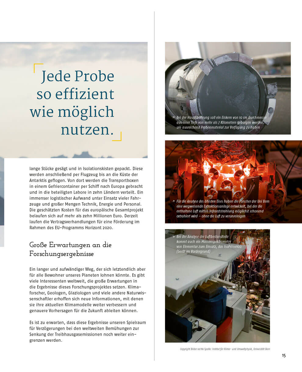 Magazinseite zur Eisforschung: Text über effiziente Nutzung von Proben und Forschungserwartungen, ergänzt durch Bilder von Bohrkernen und Analysegeräten im Labor