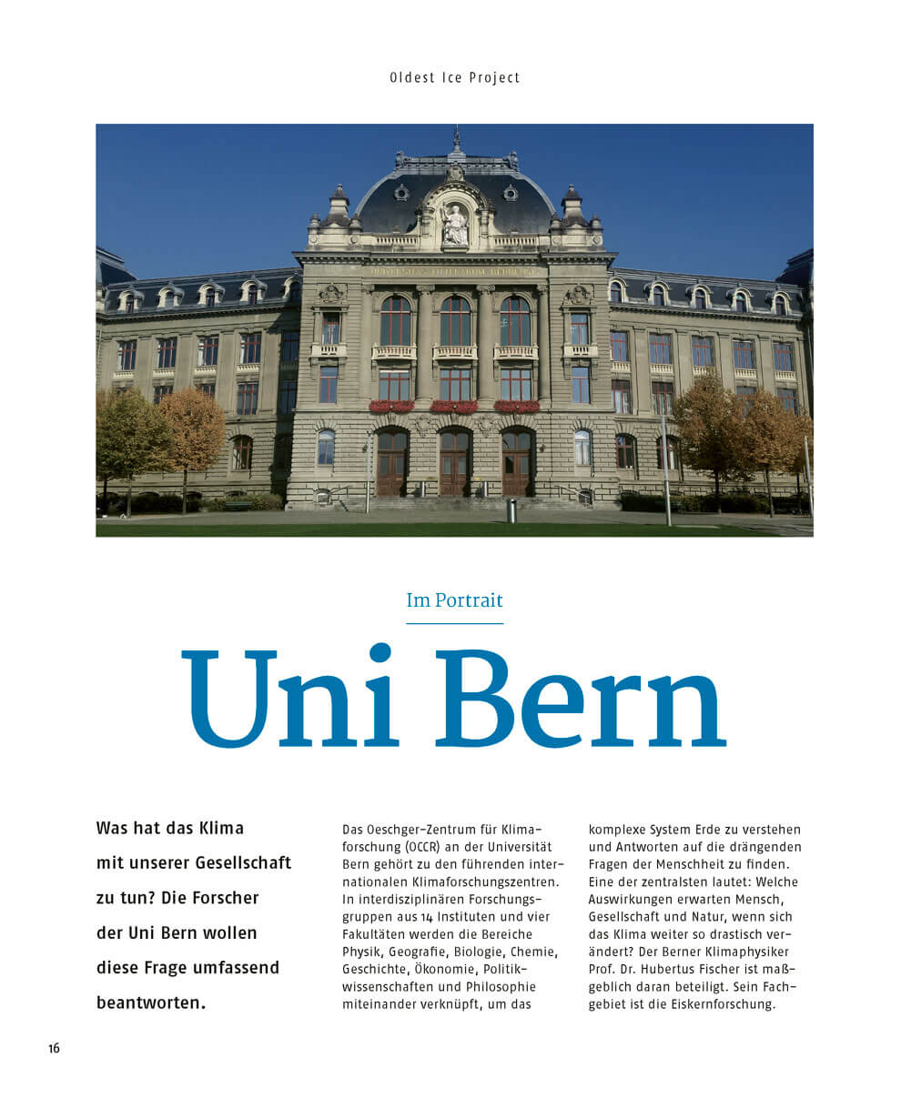 Magazinseite mit Porträt der Universität Bern: Großes Gebäudefoto und Einführungstext zur Klimaforschung und deren Bedeutung für Gesellschaft und Umwelt
