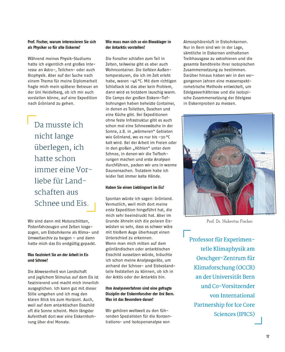 Magazinseite mit Interview zur Klimaforschung: Textbeiträge über Eisbohrkerne und Forschungsarbeit in Polarregionen sowie Porträt eines Wissenschaftlers mit Kurzprofil