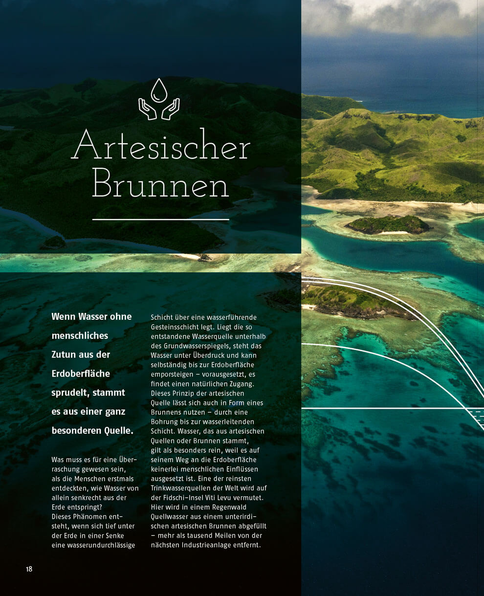 Doppelseite über artesische Brunnen: Luftaufnahme einer Küstenlandschaft kombiniert mit erklärendem Text und grafischer Darstellung, wie unter Druck stehendes Grundwasser ohne Pumpen an die Oberfläche gelangt