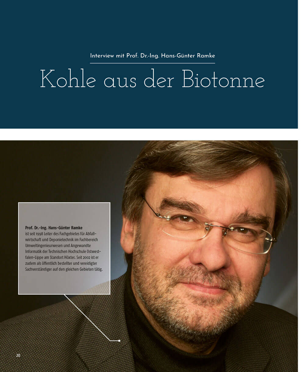Magazinseite mit der Überschrift „Kohle aus der Biotonne“. Oben steht der Titel eines Interviews. Darunter ist ein Porträt eines Mannes mit Brille und Bart zu sehen, daneben ein kurzer Infotext zu seiner Person und beruflichen Tätigkeit