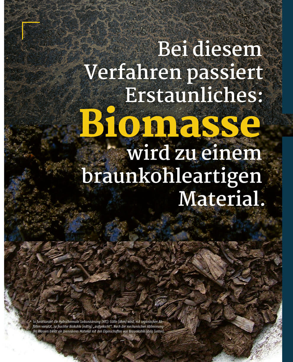 Magazinseite mit großem Text über ein Verfahren, bei dem Biomasse zu einem braunkohleartigen Material umgewandelt wird. Im Hintergrund sind verschiedene Materialstufen zu sehen, von feuchter dunkler Masse bis zu trockenen Holzresten