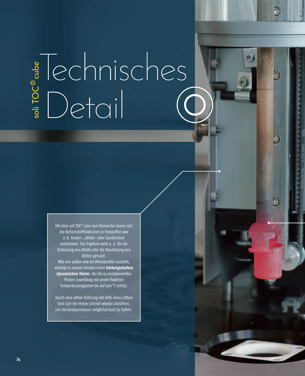 Magazinseite mit der Überschrift „Technisches Detail“. Zu sehen ist ein Laborgerät, bei dem ein Bauteil stark erhitzt wird und rötlich glüht. Ein Textfeld erklärt die Analyse von Kohlenstoffanteilen mit dem „soli TOC cube“ sowie Funktionsweise und Kühlung des Systems
