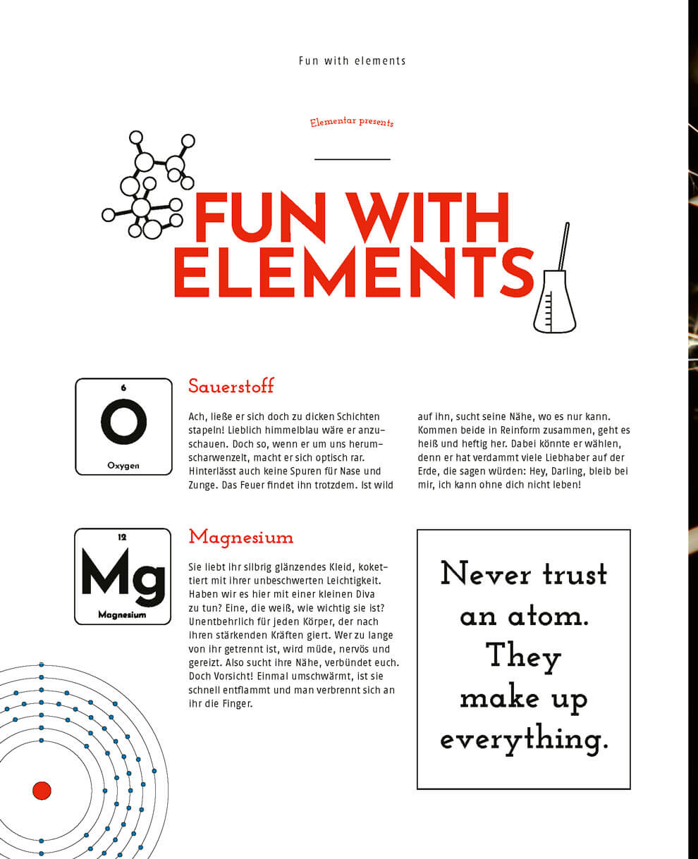 Magazinseite mit der Überschrift „Fun with elements“. Darunter werden die Elemente Sauerstoff und Magnesium jeweils mit Symbol, kurzer Beschreibung und grafischen Elementen vorgestellt. Rechts steht ein humorvoller Spruch über Atome