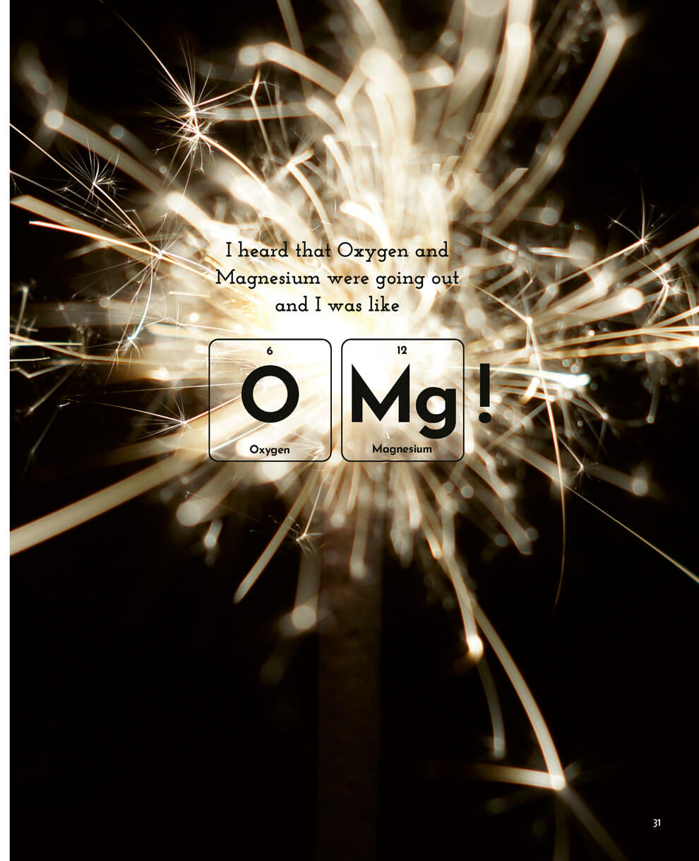 Dunkles Bild mit einer brennenden Wunderkerze, die helle Funken in alle Richtungen sprüht. In der Mitte steht ein englischer Wortwitz über die Elemente Sauerstoff und Magnesium. Darunter sind zwei Kästchen im Stil des Periodensystems mit den Symbolen O und Mg sowie einem Ausrufezeichen dargestellt