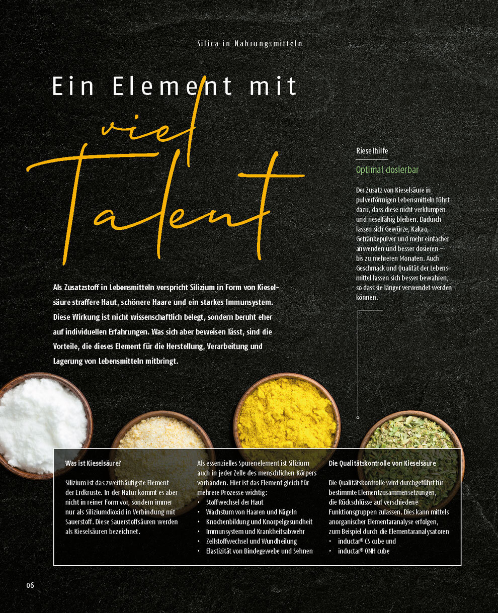 Magazinseite aus dem Elementar-Kundenmagazin zum Thema Silizium in Lebensmitteln. Groß gesetzte Headline „Ein Element mit viel Talent“, ergänzt durch Texte zur Funktion von Kieselsäure als Rieselhilfe sowie Schalen mit verschiedenen Pulvern am unteren Bildrand