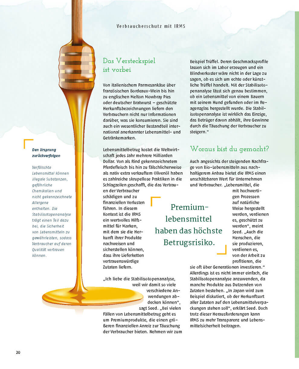 Magazinseite aus dem Elementar-Kundenmagazin zum Thema Verbraucherschutz und Lebensmittelbetrug. Im Zentrum steht eine Honigspur als visuelles Element, ergänzt durch Textabschnitte zu Herkunftsnachweisen, Stabilisotopenanalyse und Risiken bei Premiumlebensmitteln