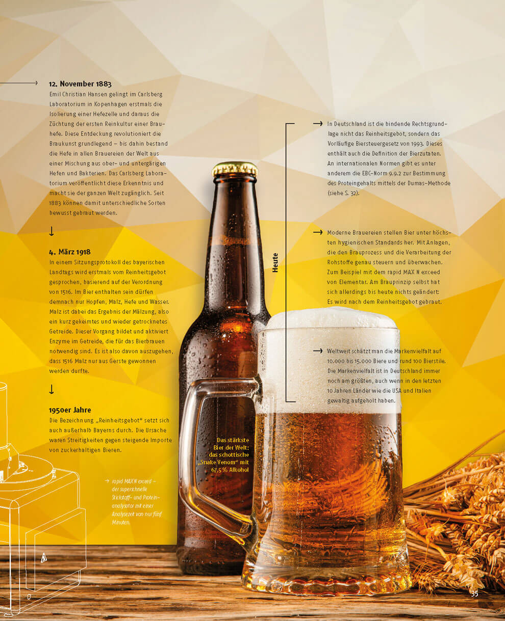 Magazinseite aus dem Elementar-Kundenmagazin zur Geschichte des Bieres und des Reinheitsgebots. Im Mittelpunkt stehen eine Bierflasche und ein gefülltes Bierglas auf einem Holztisch, ergänzt durch eine Zeitleiste mit Informationen zur Entwicklung des Bierbrauens