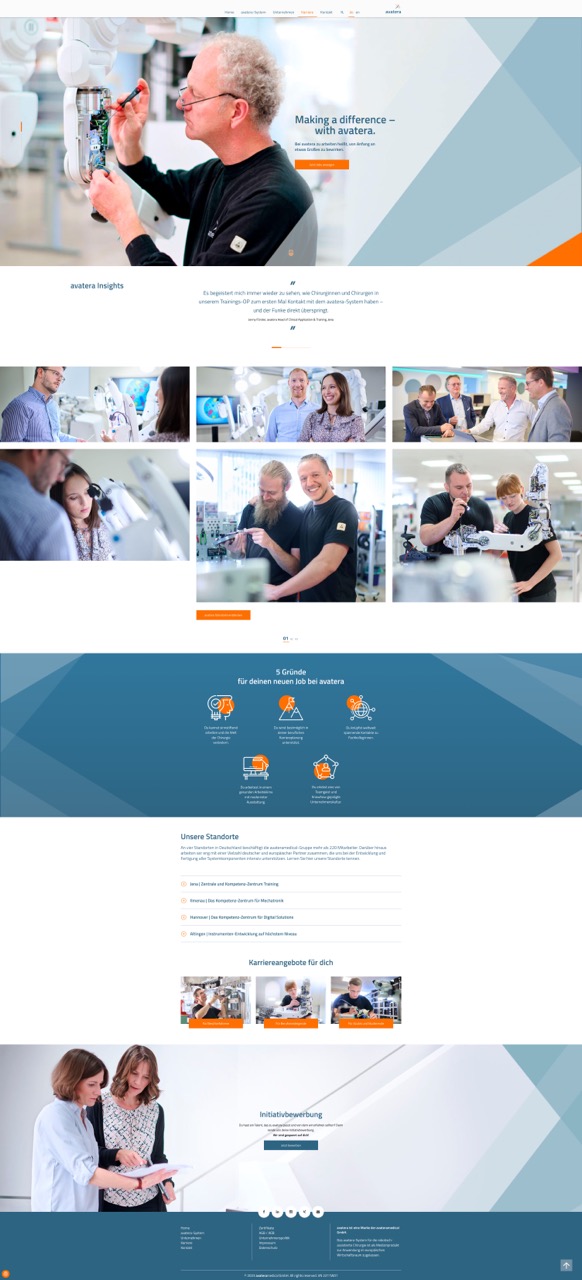 Karriereseite von avatera mit klarer Struktur und großzügigen Bildflächen. Kombination aus authentischer Fotografie und geometrischen Farbflächen. Inhalte führen durch Einblicke ins Unternehmen, Benefits und Einstiegsmöglichkeiten