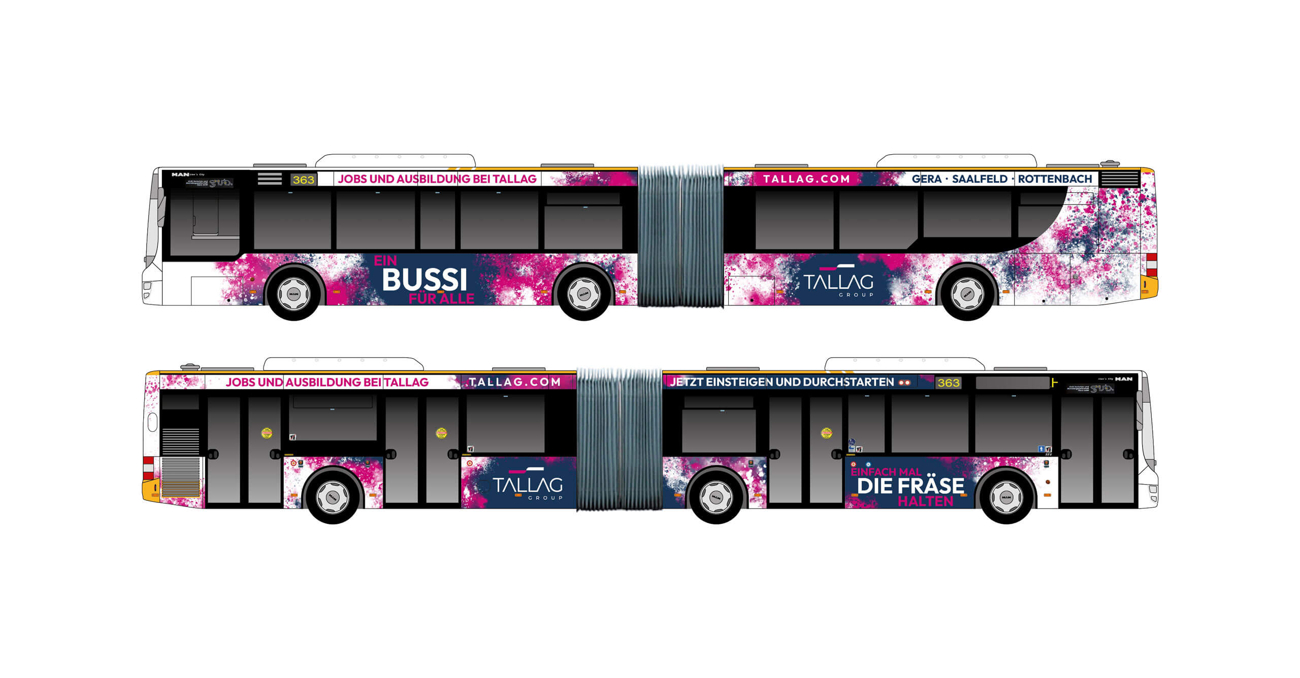 Gestaltung und Umsetzung einer aufmerksamkeitsstarken Busbeklebung zur Arbeitgeber- und Ausbildungsmarketingkampagne der TALLAG Group