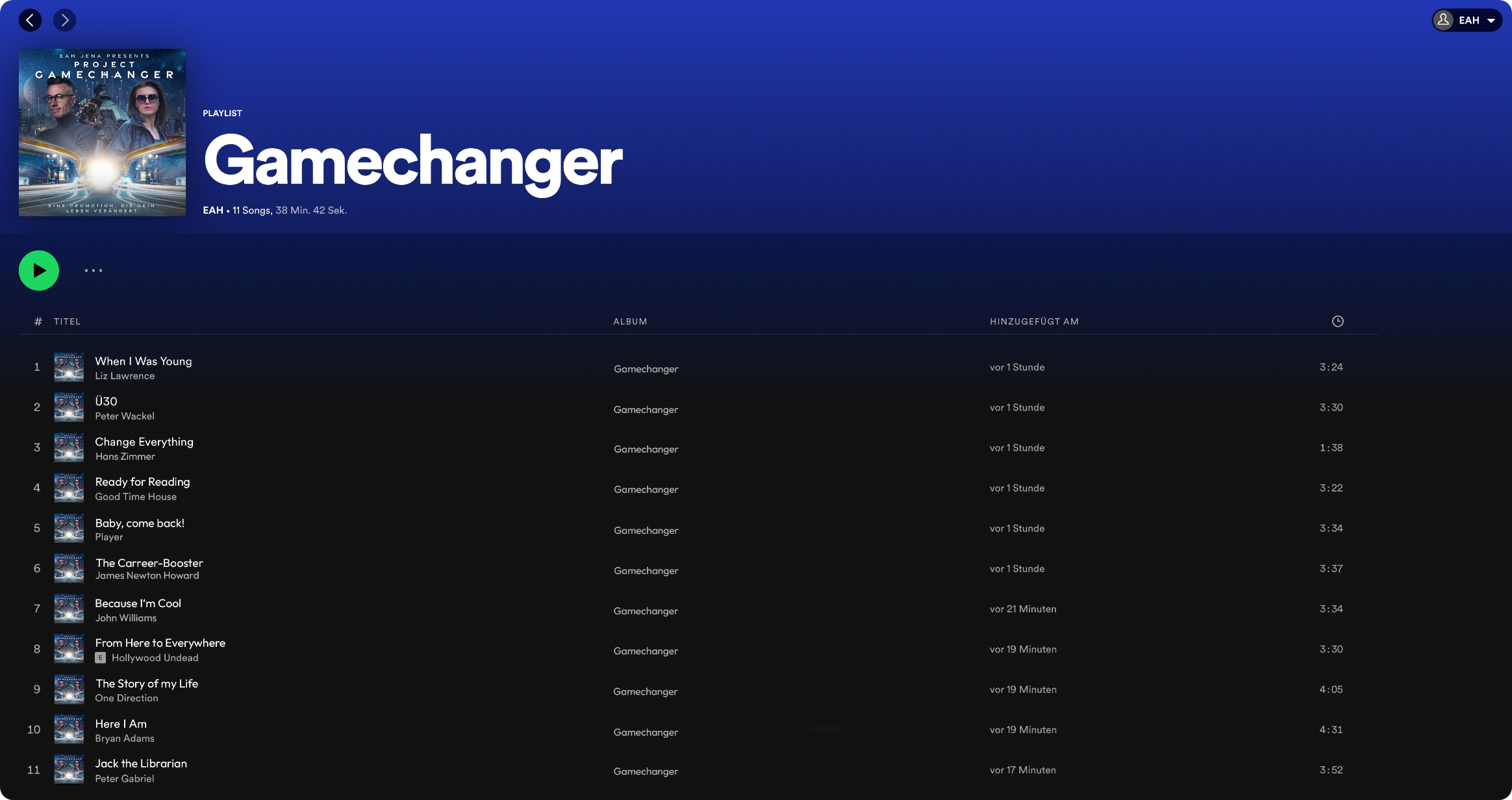 Musik-Streaming-Oberfläche mit Playlist „Gamechanger“, inklusive Albumcover, Songliste mit Titeln, Interpreten und Laufzeiten