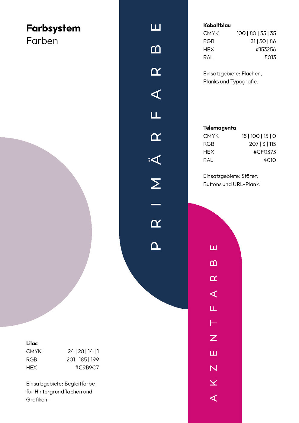Darstellung des definierten Farbsystems mit Primär- und Sekundärfarben inklusive Farbwerten und Anwendungsbereichen der TALLAG Group