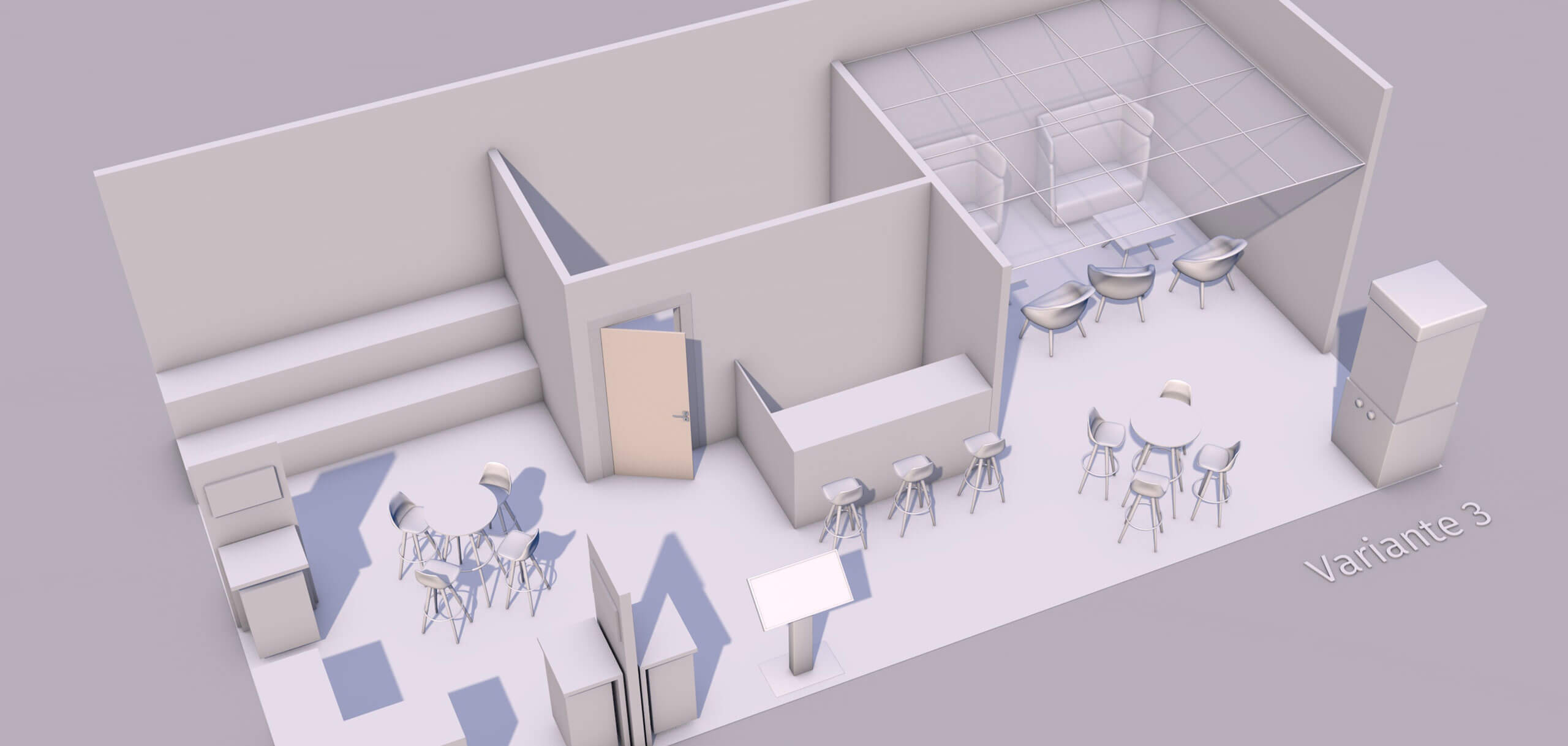 3D Modell eines Messestands mit verschiedenen Sitzbereichen, Theke, Treppe und separatem Raum. Die Darstellung zeigt eine reduzierte weiße Entwurfsvariante