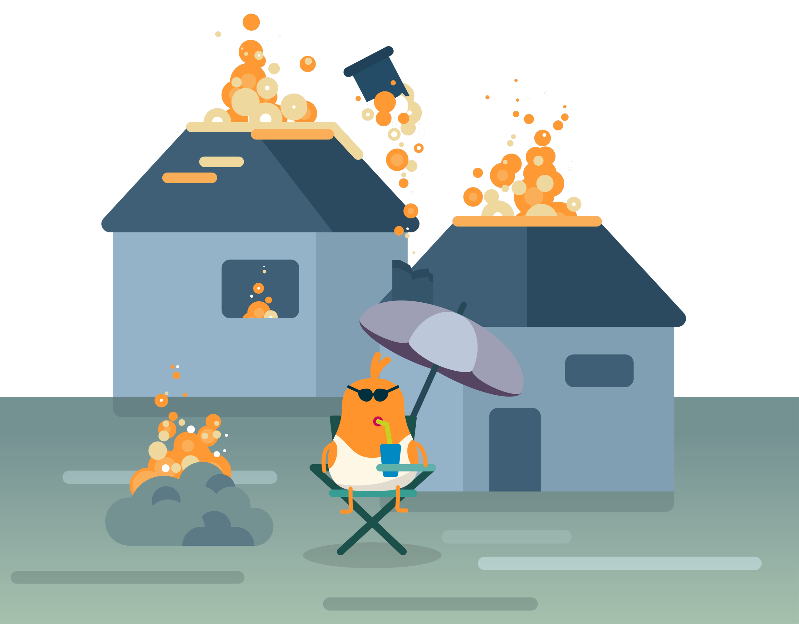 Illustration eines entspannten Charakters im Liegestuhl vor zwei Häusern, während im Hintergrund Explosionen und Rauch zu sehen sind, als humorvolles Bildmotiv für Gelassenheit selbst in chaotischen oder kritischen Situationen
