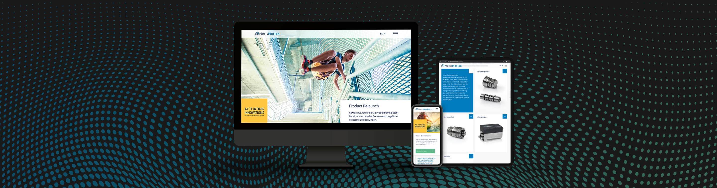 Darstellung der MetisMotion Website und Produktdarstellung auf Desktop, Tablet und Smartphone