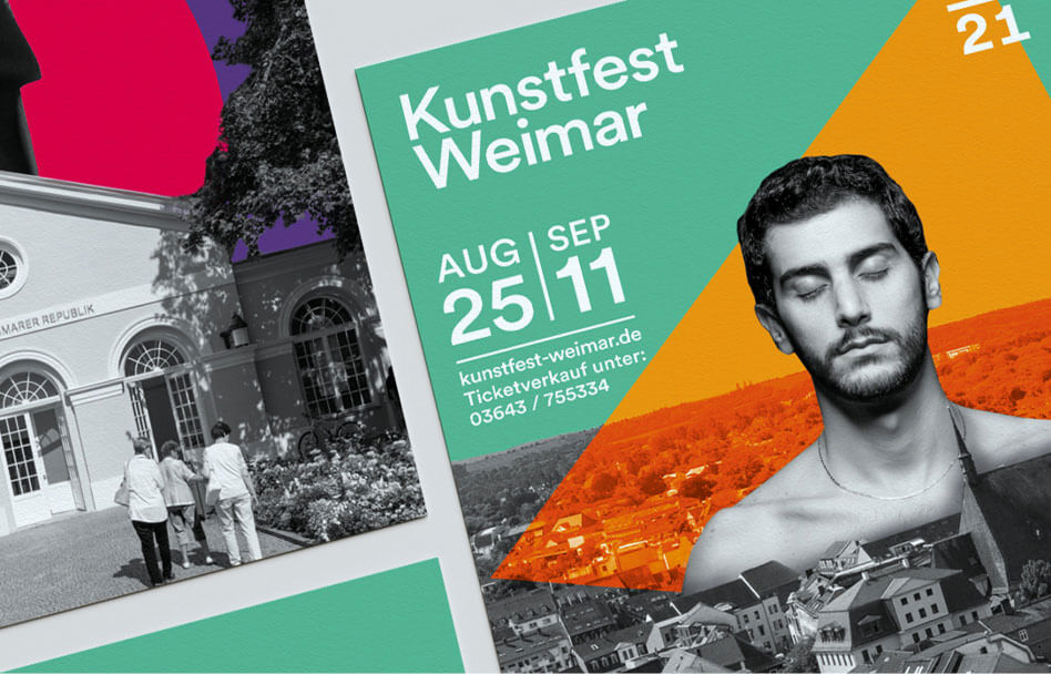 Plakatmotiv des Kunstfests Weimar 2021 mit Terminangabe und Porträtmotiv