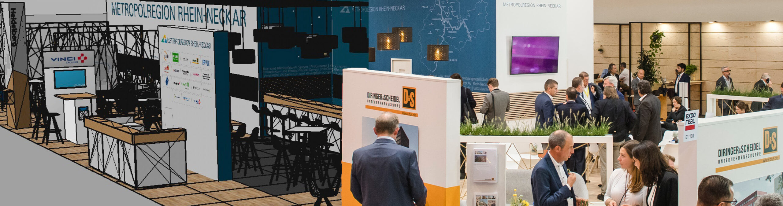 Gegenüberstellung von Messestand-Entwurf und realisiertem Messestand der Metropolregion Rhein-Neckar
