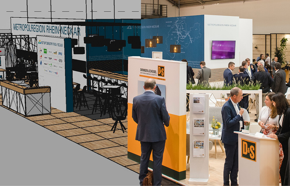 Gegenüberstellung von Messestand-Entwurf und realisiertem Messestand der Metropolregion Rhein-Neckar