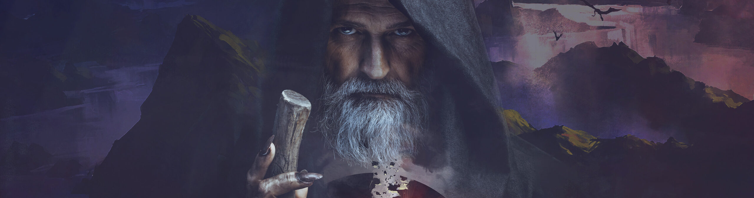 Plakat zeigt eine mystische Figur mit Kapuze und Stab vor einer Fantasielandschaft