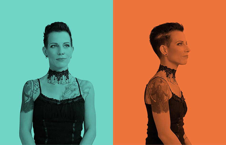 Porträt einer Mitarbeiterin von X-FAB im Corporate-Design-Farbstil als Key Visual für Employer-Branding-Kampagne