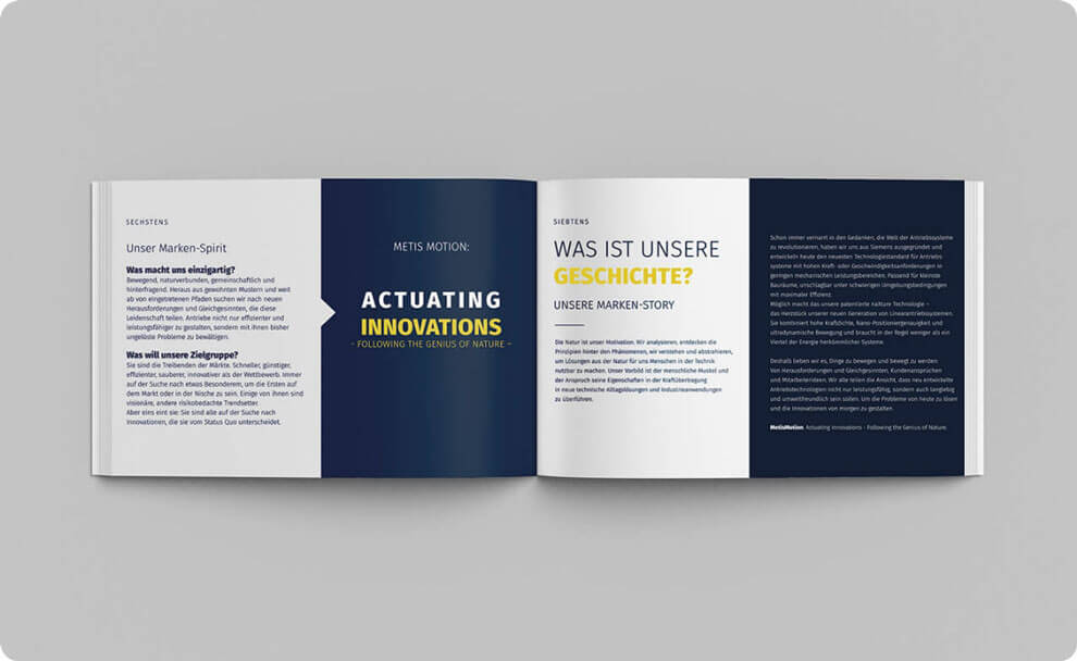 Aufgeschlagene Unternehmensbroschüre von MetisMotion mit Markenstory und Leitmotiv Actuating Innovations