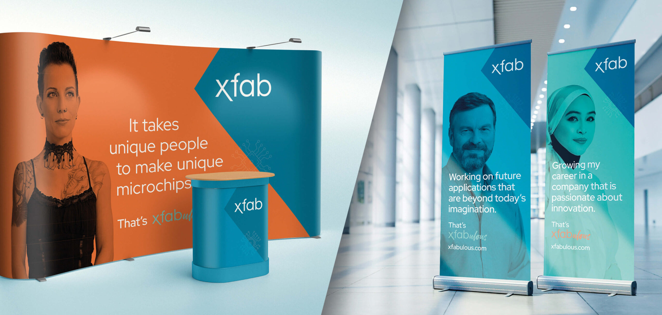 Messestand und Roll-up-Banner des Unternehmens X-FAB mit Porträtmotiven von Mitarbeitenden und Botschaften zur Innovation und Einzigartigkeit in der Entwicklung von Mikrochips