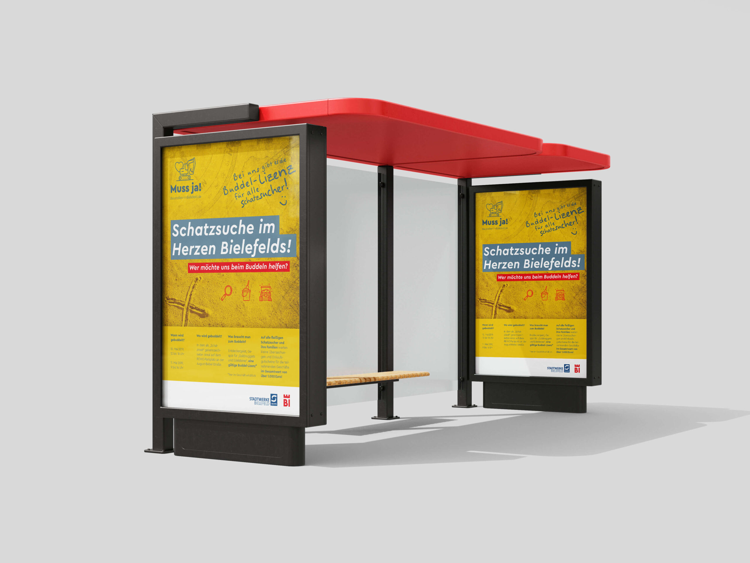 Citylight-Plakate an Bushaltestelle zur Mitmachaktion „Schatzsuche im Herzen Bielefelds“ der Kampagne „Muss ja!“