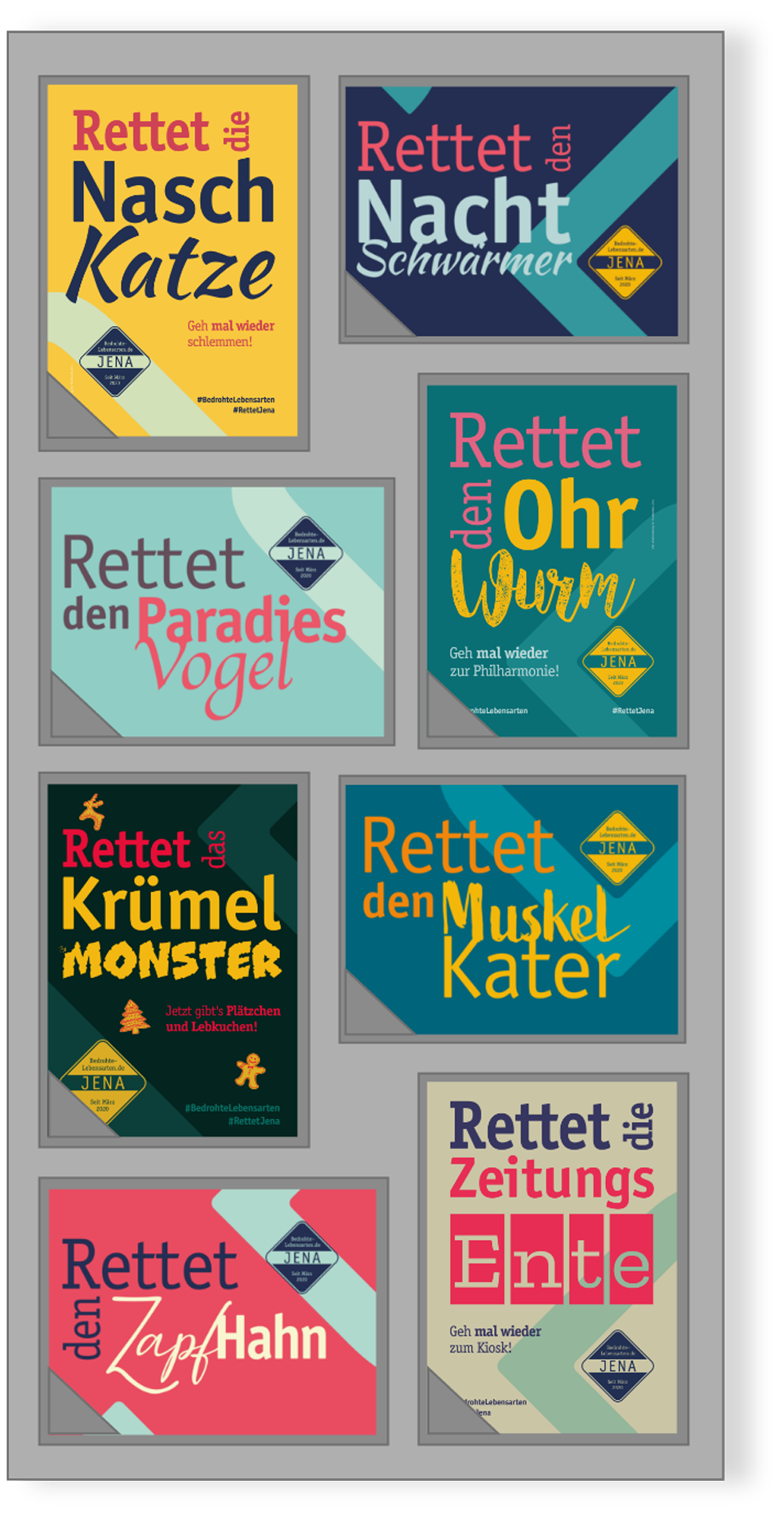 Serie von Social-Media-Motiven der Kampagne „Rettet den …“ zur Innenstadtbelebung und Standortkommunikation in Jena