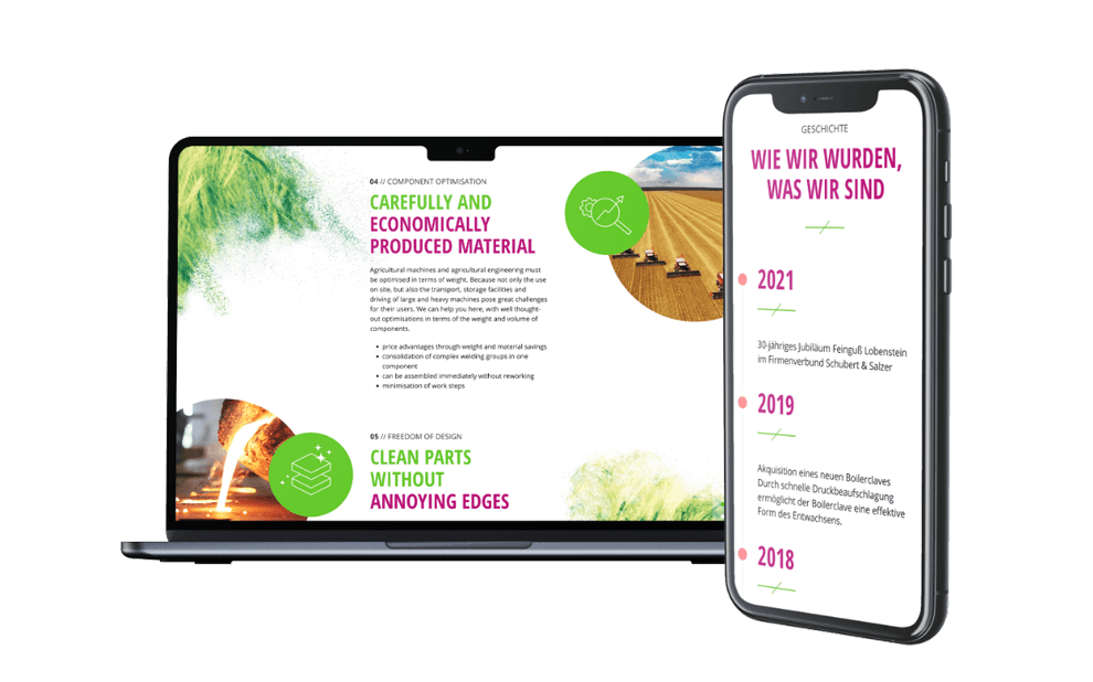 Laptop und Smartphone zeigen eine moderne Unternehmenswebsite mit Informationen zu Materialien, Produktion und Unternehmensgeschichte