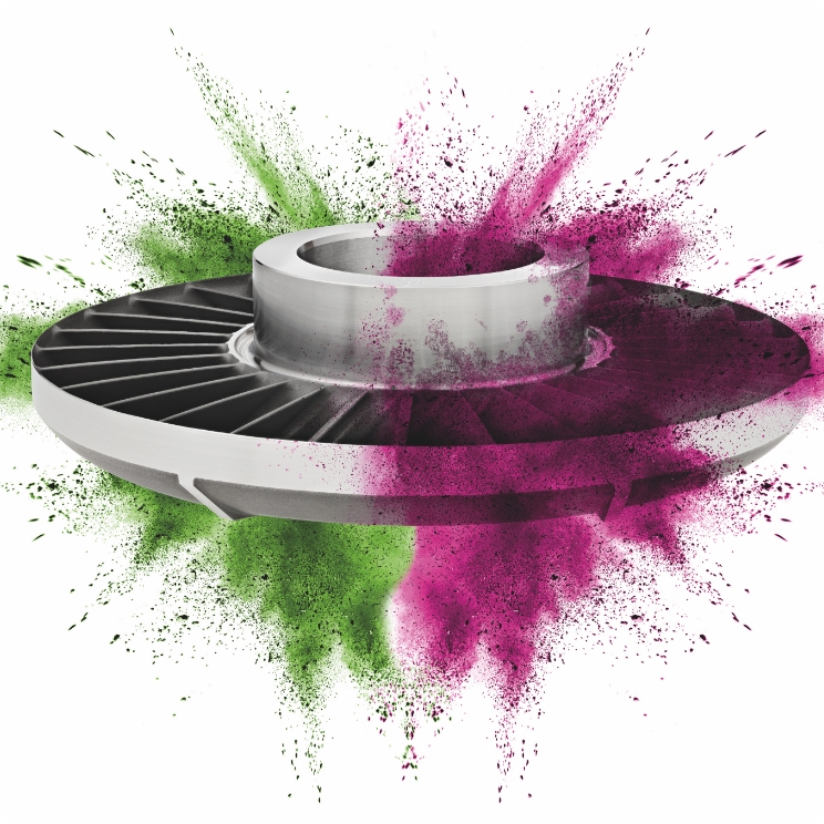Einleitung_Schubert_Salzer Ein silberfarbenes Turbinenrad aus Metall ist zentral dargestellt und wird von dynamisch explodierenden Farbwolken in Grün und Magenta umgeben