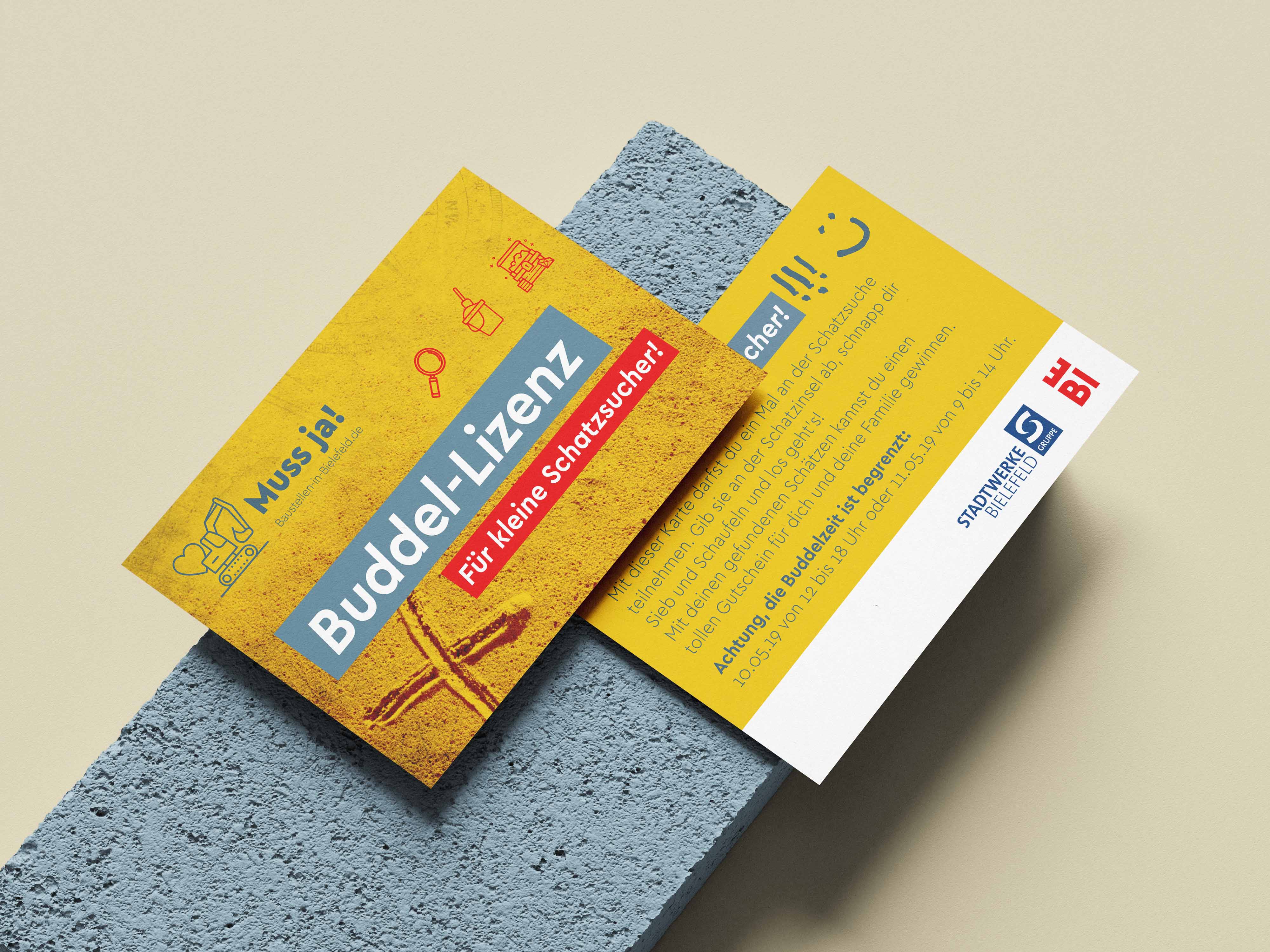 Postkarte zur Mitmachaktion „Buddel-Lizenz“ der Kampagne „Muss ja!“ zur Nachwuchsgewinnung im Bauhandwerk in Bielefeld
