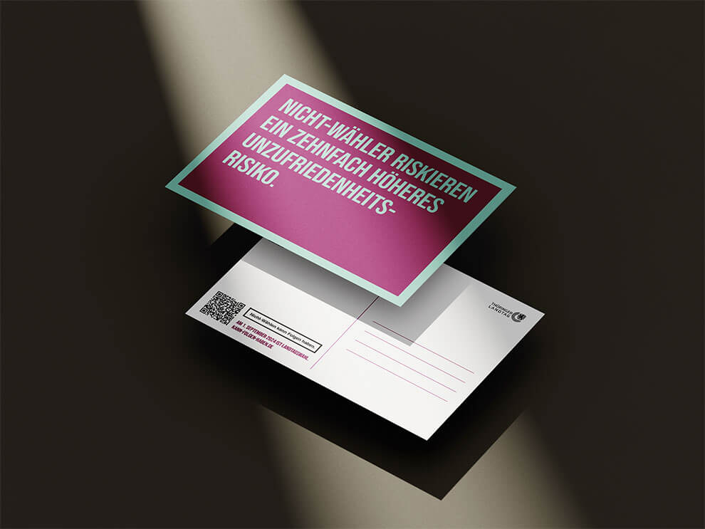 Postkartenmotiv zur Informationskampagne des Thüringer Landtags mit Botschaft zur Wahlbeteiligung und Hinweis auf die Landtagswahl