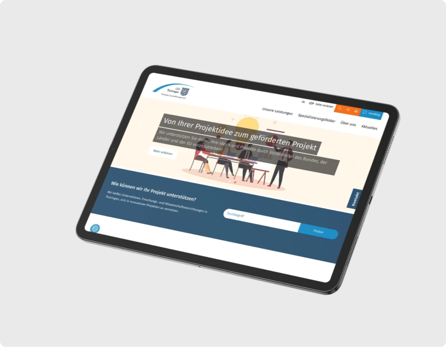Website der LEG Thüringen zum Thema Projektförderung auf einem Tablet