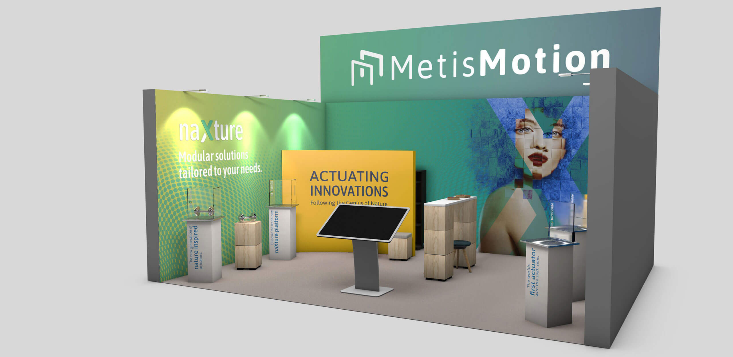 Visualisierung eines Messestands von MetisMotion mit Produktpräsentation und Markenbotschaft Actuating Innovations