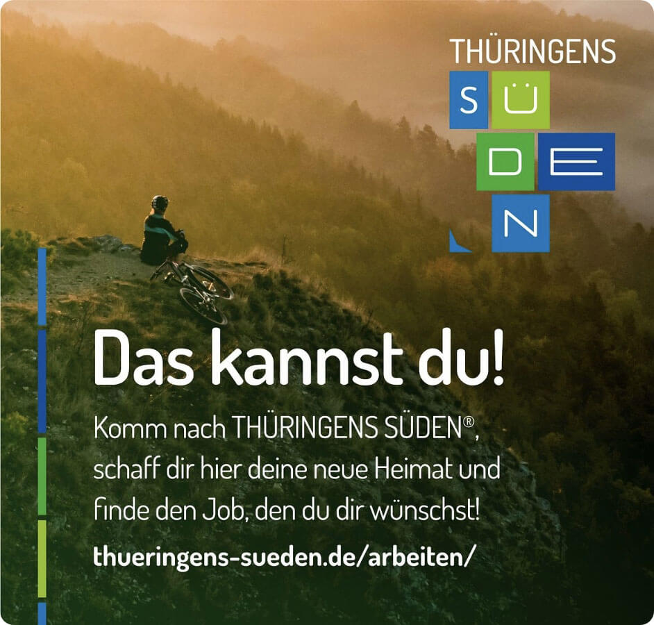 Onlinekampagne für Jobs und Leben in Thüringens Süden mit Mountainbiker in Berglandschaft und Aufruf zum Neustart in der Region