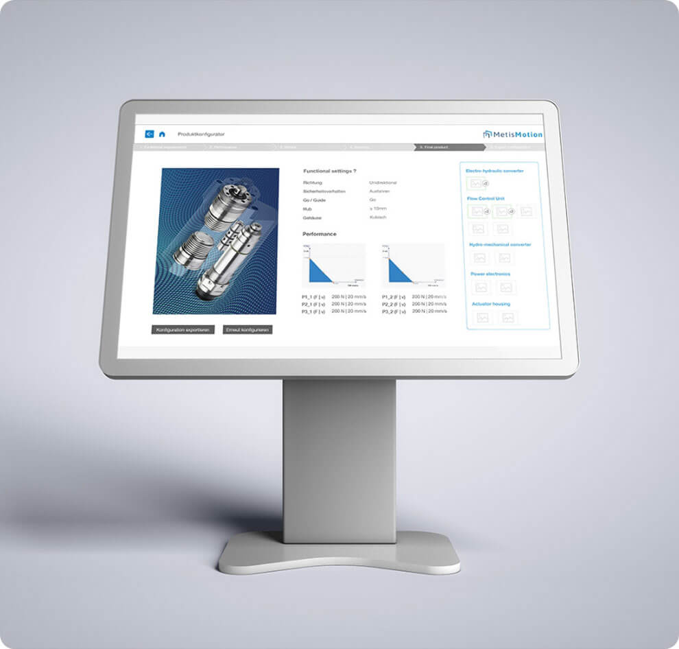 Digitaler Produktkonfigurator von MetisMotion auf einem Touchscreen mit technischen Produktdaten und Auswahloptionen