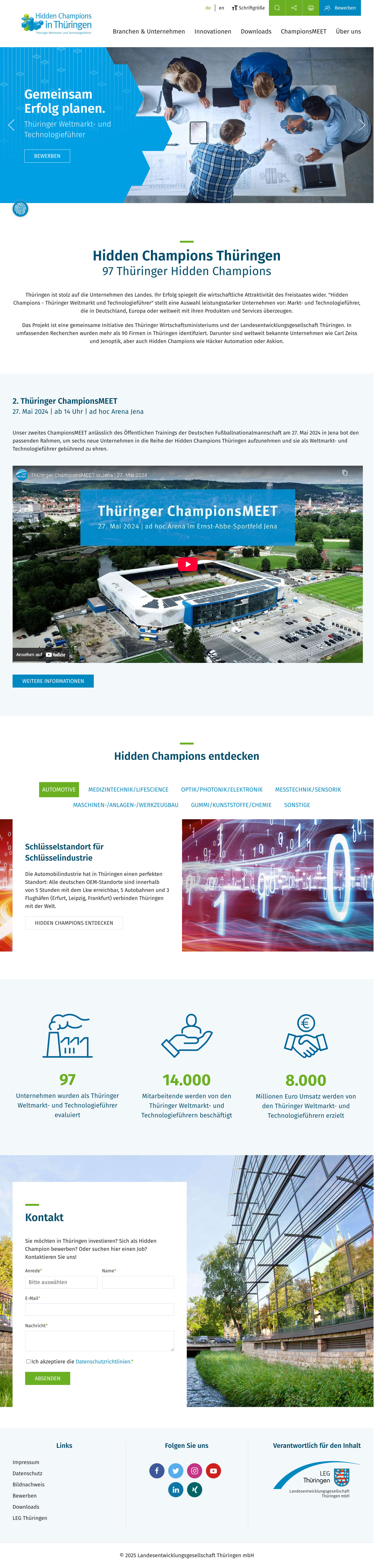 Website der Initiative Hidden Champions Thüringen der LEG Thüringen mit Informationen zu Unternehmen und Veranstaltungen